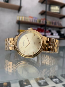 Kit Relógio Mondaine Feminino Social Monocromático Dourado á Prova D'água 99068LPMVDE1