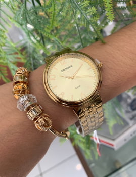 Kit Relógio Mondaine Feminino Social Monocromático Dourado á Prova D'água 99068LPMVDE1