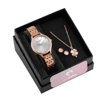 Kit Relógio Mondaine Feminino Trevo Cristais Rosê á Prova D'água 32503LPMKRE2