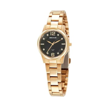 Kit Relógio Seculus Feminino Long Life Dourado Mostrador Preto Com Cristais Aço Inoxidável Á Prova D'água 44089LPSVDA1