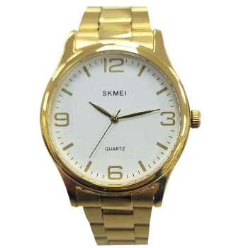 Kit Relógio Skmei Feminino Dourado Visor Branco 3001