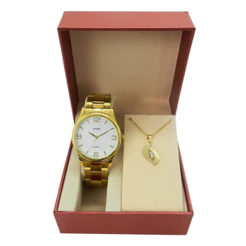 Kit Relógio Skmei Feminino Dourado Visor Branco 3001