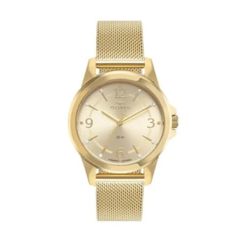 Kit Relógio Technos Dress Feminino Dourado Visor Champanhe Com Cristais Pulseira Milanese Maquinário Japonês Aço Inoxidável Á Prova d'água 2035NAB/K1X