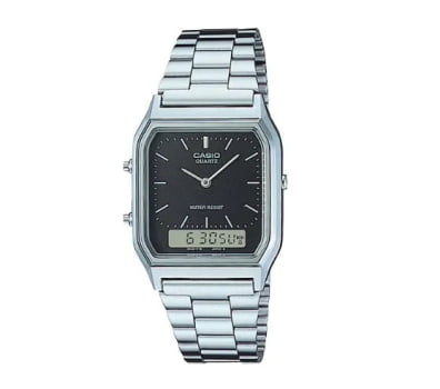 Relógio Casio Prateado visor Preto Display Duplo Minimalista Quadrado AQ-230A-7AMQYDF