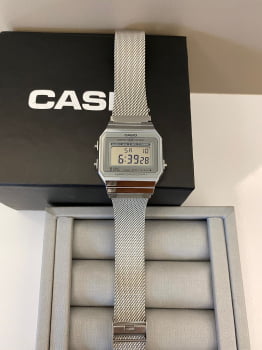 Relógio Casio Prateado Digital Vintage Retro Slim com Pulseira Milanesa Á Prova d'água A700WM-7ADF 3472