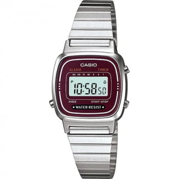 Relógio Casio Feminino Prateado Digital Visor Vinho Vintage Mini Retro Quadrado LA670WA-4DF 3191