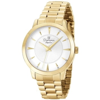 Relógio Champion Elegance Feminino Dourado Visor Prateado com Cristais á Prova D'água CN25092G