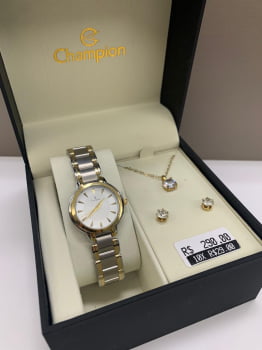 Kit Relógio Champion Feminino Bicolor Mostrador Prata Á Prova d'água CH24937M