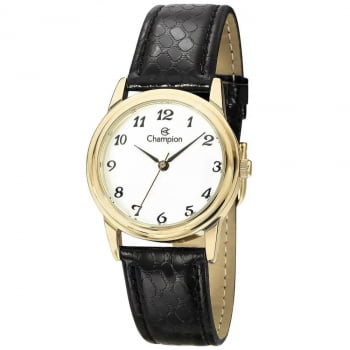 Relógio Champion Feminino Couro Dourado Branco Preto A prova d'água CN28008B