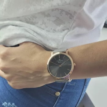 Relógio Champion Elegance Feminino Prata e Rosê á Prova D'água CN20819C