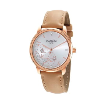 Relógio Feminino Couro Borboleta Glitter Rosé  á Prova D'água 32367LPMVRH2