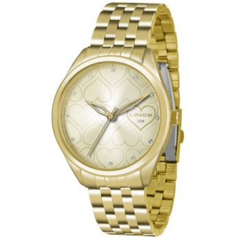 Relógio Feminino Lince Dourado Coração Pedras LRG4345L