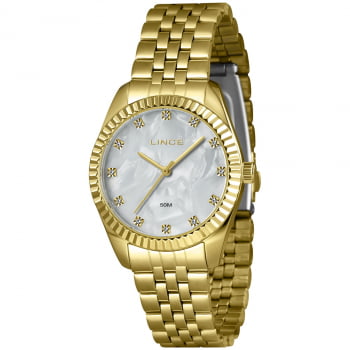 Relógio Lince Feminino Dourado Visor Madrepérola com Cristais á prova d'água LRGJ152L36