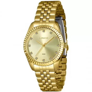 Relógio Lince Feminino Dourado com Cristais no Visor á Prova D'água LRGJ152L36