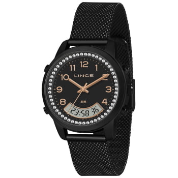 Relógio Feminino Lince Preto Display Duplo com Cristais no Visor e Calendário Pulseira Milanesa A prova d´água LAN4714L