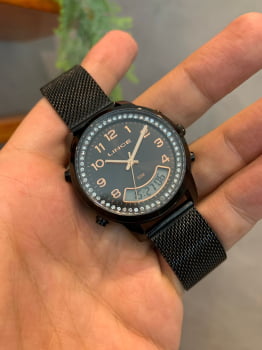 Relógio Feminino Lince Preto Display Duplo com Cristais no Visor e Calendário Pulseira Milanesa A prova d´água LAN4714L