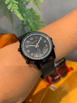 Relógio Feminino Lince Preto Display Duplo com Cristais no Visor e Calendário Pulseira Milanesa A prova d´água LAN4714L