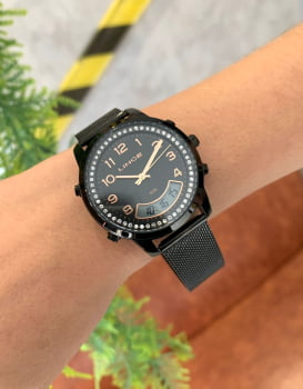 Relógio Feminino Lince Preto Display Duplo com Cristais no Visor e Calendário Pulseira Milanesa A prova d´água LAN4714L