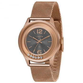 Relógio Feminino Lince Rose Visor Cinza com Pedras Pulseira Milanesa LRR4711L