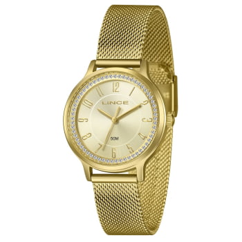 Relógio Lince Dress Feminino Dourado Visor Champanhe com Cristais Todo Numerado Pulseira Milanesa Á Prova d'água LRGH260L36