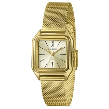 Relógio Lince Dress Quadrado Feminino Dourado Visor Champanhe Pulseira Milanesa LQGM057L30 