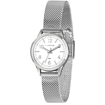 Relógio Lince Dress Feminino Prateado Visor Branco Pulseira Milanesa Á Prova d'água LRMH289L30
