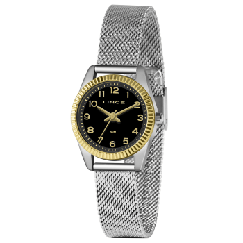 Relógio Lince Feminino Bicolor Dourado e Prateado Pequeno Pulseira Milanesa Caixa com Detalhe Serrilhado Todo Numerado Visor Preto Á Prova d'água LRT4674L
