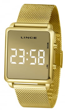 Relógio Lince Feminino Digital Led Dourado Espelhado Quadrado com Pulseira Milanesa Á Prova d'água MDG4619L