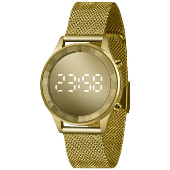 Relógio Lince Feminino Dourado Digital Led Vidro Facetado Redondo Espelhado Pulseira Milanesa Á Prova d'água LDG4648L
