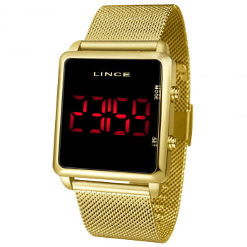 Relógio Lince Digital Led Dourado Espelhado Quadrado Pulseira Milanesa Á Prova d'água MDG4596L