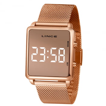 Relógio Lince Feminino Digital Led Rose Espelhado Quadrado com Pulseira Milanesa Á Prova d'água MDR4619L