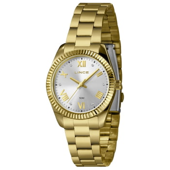 Relógio Lince Feminino Dourado Clássico Visor Prata com Cristais e Algarismo Romanos á prova d água LRGJ170L36