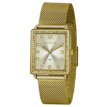 Relógio Lince Feminino Dourado Todo Numerado com Cristais Visor Champanhe Quadrado Pulseira Milanesa Á Prova d'água LQG4665L