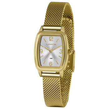 Relógio Lince Feminino Dourado Quadrado Pequeno Visor Prateado com Pulseira Milanesa Á prova d´água LQG4675L