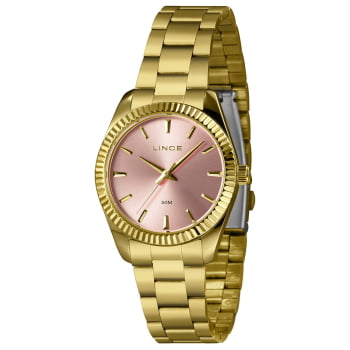 Relógio Lince Feminino Dourado Minimalista com Caixa Serrilhada Visor Rose Á Prova d'água LRGJ161L36