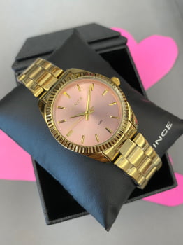 Relógio Lince Feminino Dourado Minimalista com Caixa Serrilhada Visor Rose Á Prova d'água LRGJ161L36