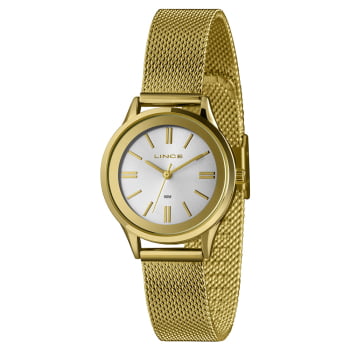 Relógio Lince Feminino Dourado Minimalista Visor Prata com Pulseira Milanesa Pequeno Á Prova d'água LRGH168L30