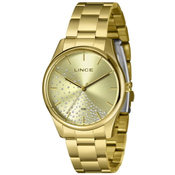 Relógio Lince Feminino Dourado Minimalista Visor Champanhe com Cristais Á Prova d'água LRGJ154L40