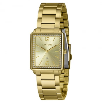 Relógio Lince Feminino Dourado Quadrado com Cristais e Visor Champanhe Á Prova d'água LQG4737L28