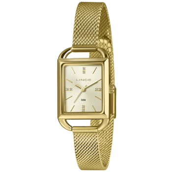 Relógio Lince Feminino Dourado Quadrado com Pulseira Milanesa e Visor Champanhe Á Prova d'água LQG4790L24