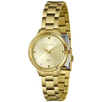 Relógio Lince Feminino Dourado Visor Champanhe com Cristais Caixa Serrilhada Á Prova água LRG4814L34 