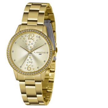 Relógio Lince Feminino Dourado Visor Champanhe com Cristais e Estrelas Á Prova d'água LRGJ133L 