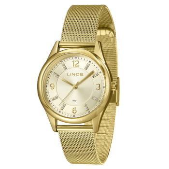 Relógio Lince Feminino Dourado Visor Champanhe Com Cristais Pulseira Milanese Á Prova d'água LRGJ178L36