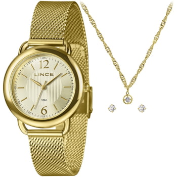 Kit Relógio Lince Feminino Dourado Visor Champanhe com Pulseira Milanesa LRGM020L36