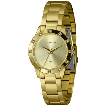 Relógio Lince Feminino Dourado Visor Champanhe Minimalista com Cristais Á Prova d'água LRG4735L34