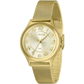 Relógio Lince Feminino Dourado Visor Champanhe Numeração Completa Pulseira Milanesa á Prova d'água LRGM030L38