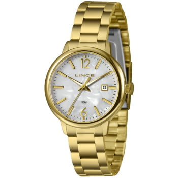 Relógio Lince Feminino Dourado Visor Madrepérola com Calendário Á Prova d'água LRGH193L36_