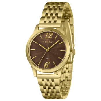 Relógio Lince Feminino Dourado Visor Marrom Texturizado á Prova D'água LRGM035L36