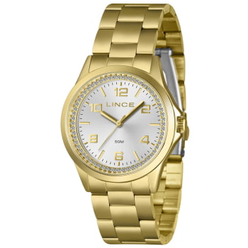 Relógio Lince Feminino Dourado Visor Prata com Cristais á Prova d'água LRGJ179L38_ Relógio Lince Feminino Dourado Visor Prata com Cristais á Prova d'água LRGJ179L38_