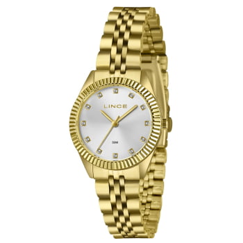 Relógio Lince Feminino Dourado Visor Prata com Cristais á Prova D'água LRGM058L32
